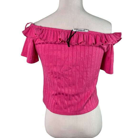 🟣🟣🟣 ZARA TRAFALUC Women's Small Pink Ribbed Ruffle Off The Shoulder Shirt - Picture 6 of 8
